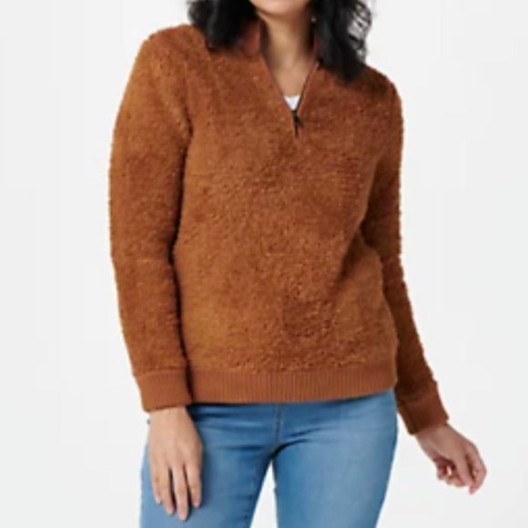 Barefoot Dreams CozyChic Shearling Sweater Size Large Honey Brown Red - Picture 1 of 4